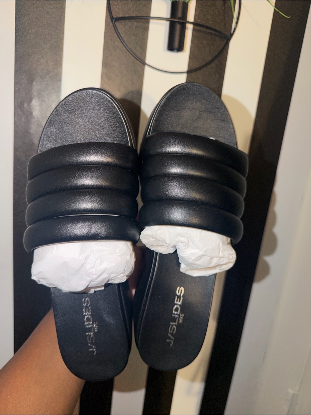 J/SLIDES Black Quilted Padded Slide Sandals